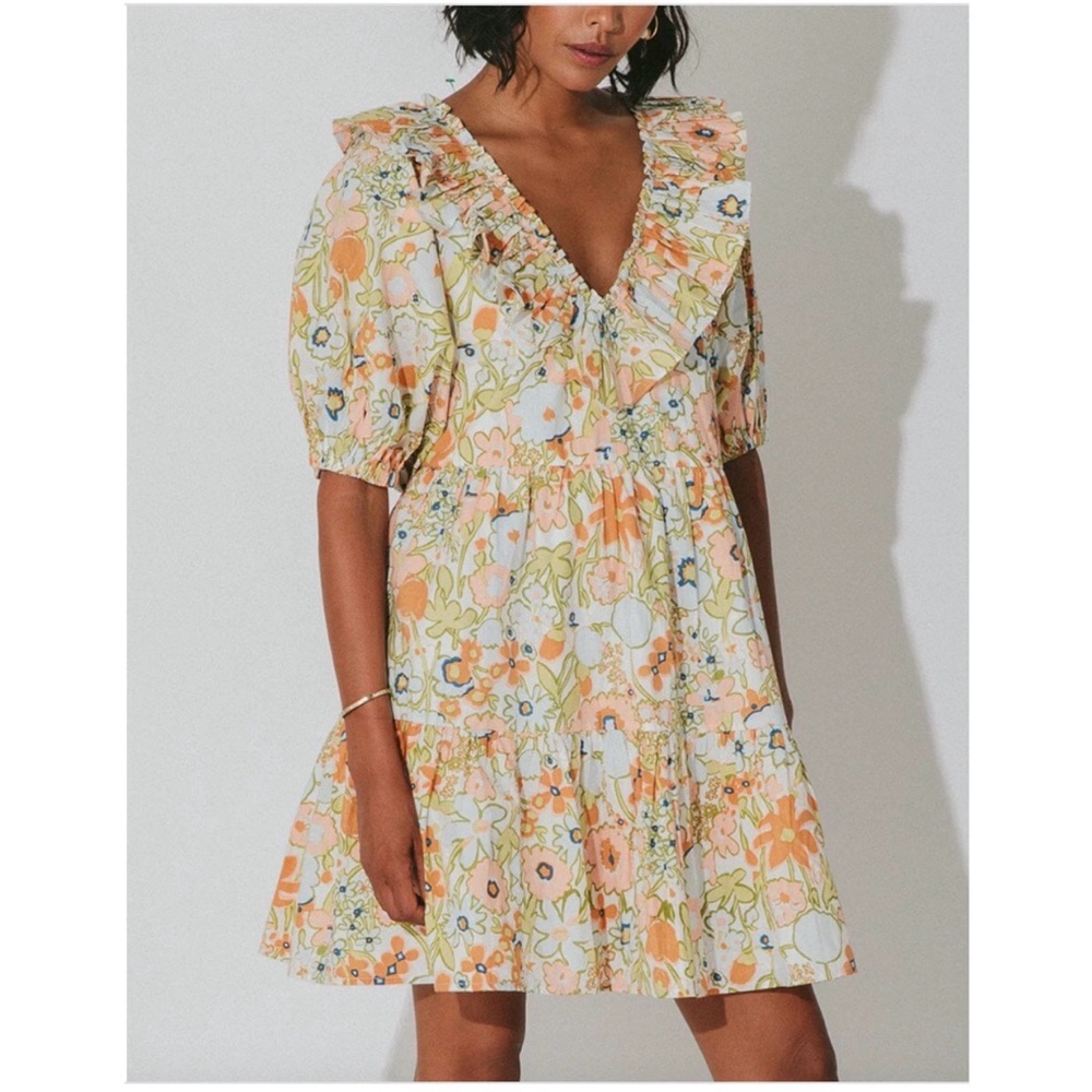 Cleobella Floral Ruffle V-Neck Mini Dress in Peach, Green & Blue
